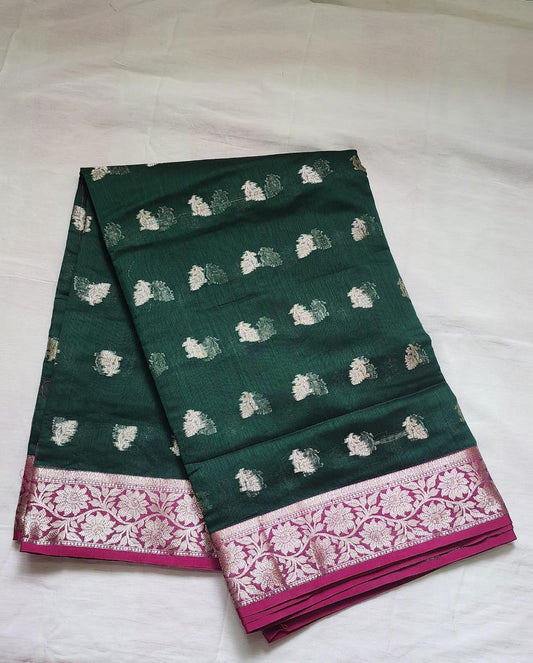 Green Banaras Cotton-Silk Saree with Pink Border – Everyday Elegance with a Festive Touch