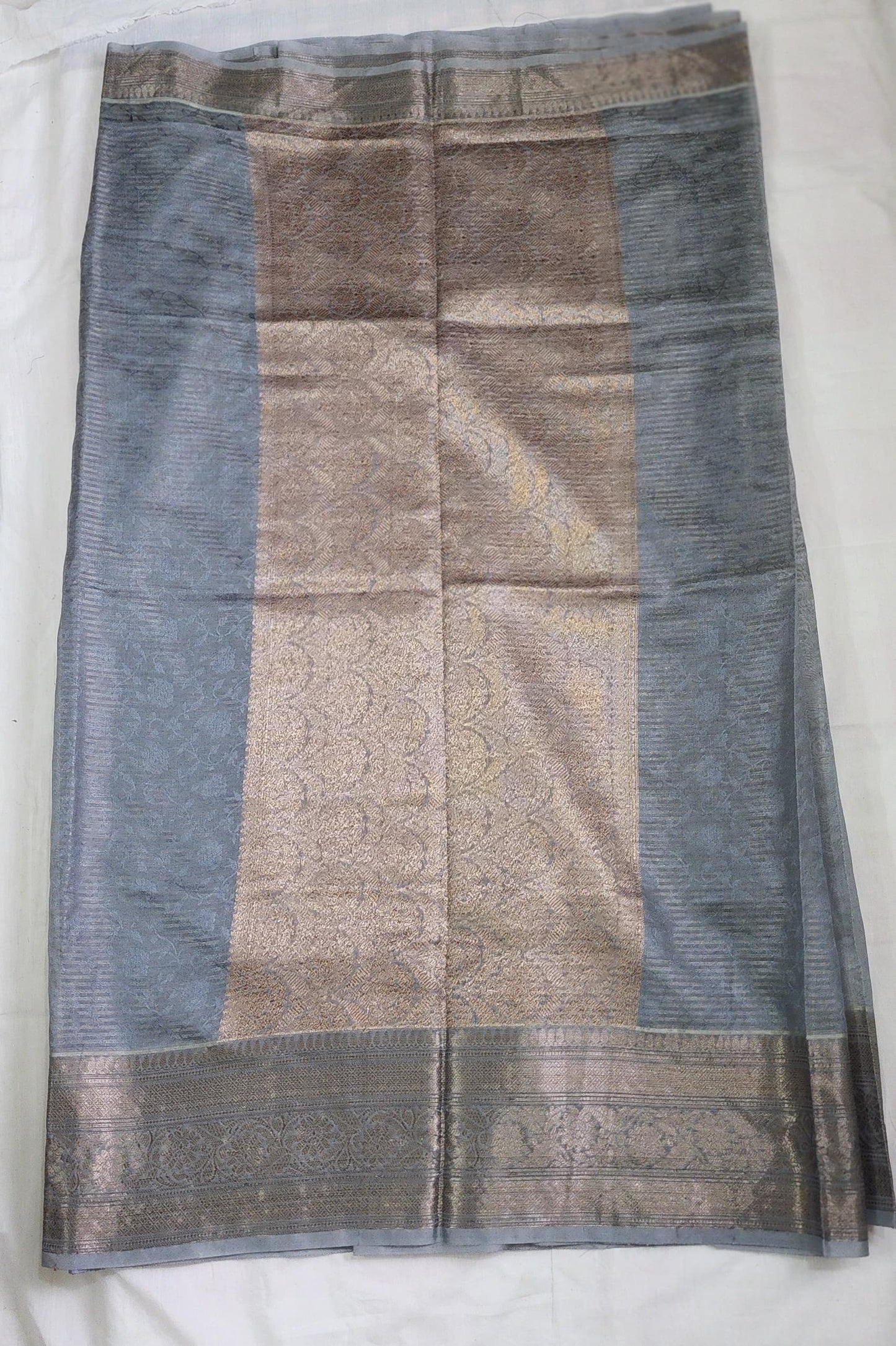 Grey Banaras Jute Tissue Silk Saree with Zari Border – Subtle Glamour for Every Occasion