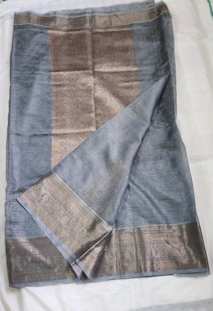 Grey Banaras Jute Tissue Silk Saree with Zari Border – Subtle Glamour for Every Occasion