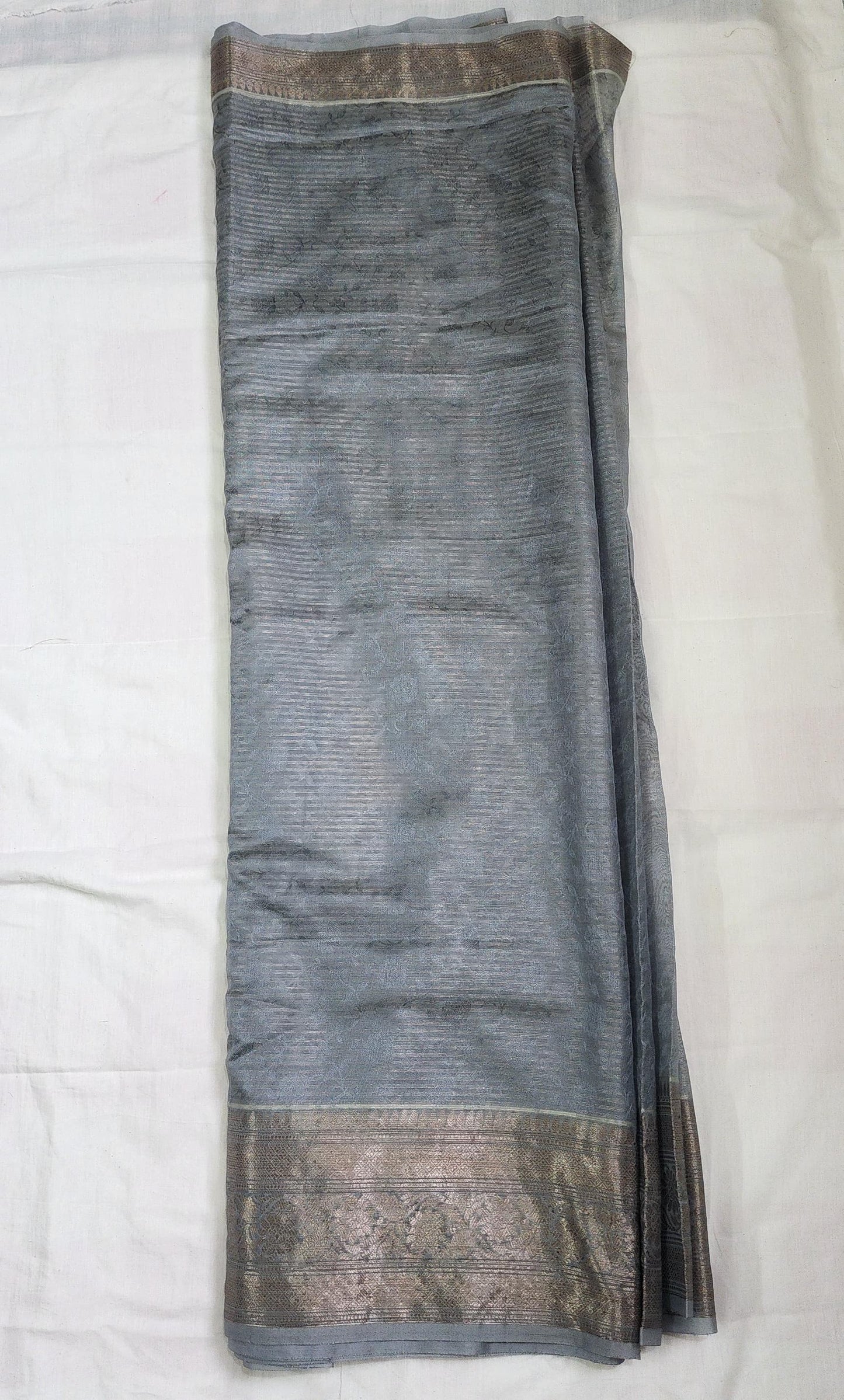Grey Banaras Jute Tissue Silk Saree with Zari Border – Subtle Glamour for Every Occasion