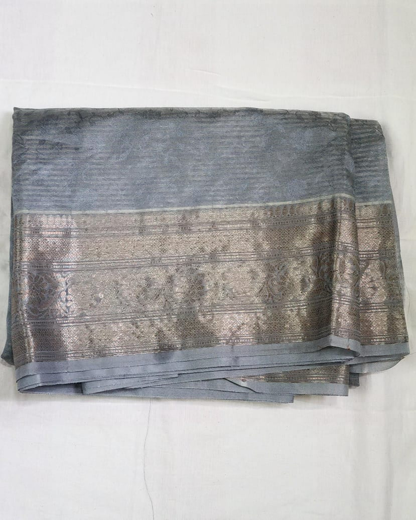 Grey Banaras Jute Tissue Silk Saree with Zari Border – Subtle Glamour for Every Occasion