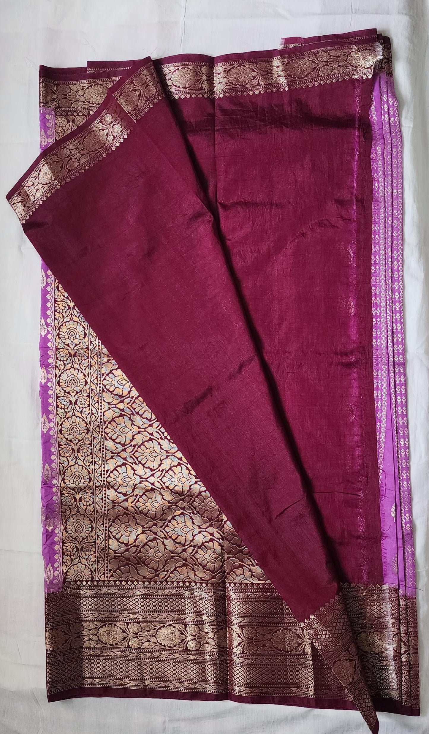 Purple Banaras Raw Mango Silk Saree with Zari Border & Red Choli – A Statement in Tradition