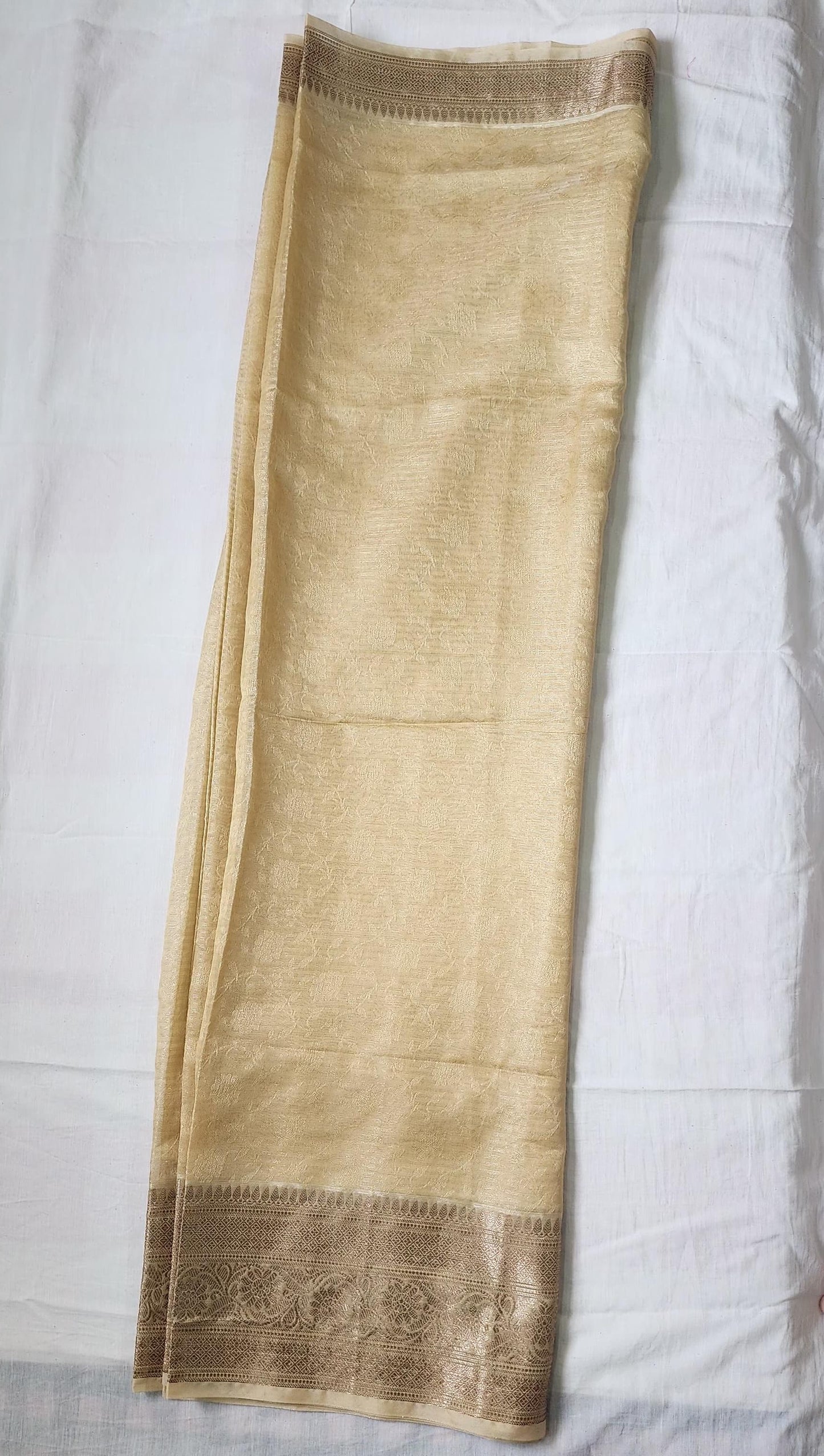 Sandalwood/Beige Banaras Jute Tissue Silk Saree with Zari Border – Subtle Sophistication for Every Occasion