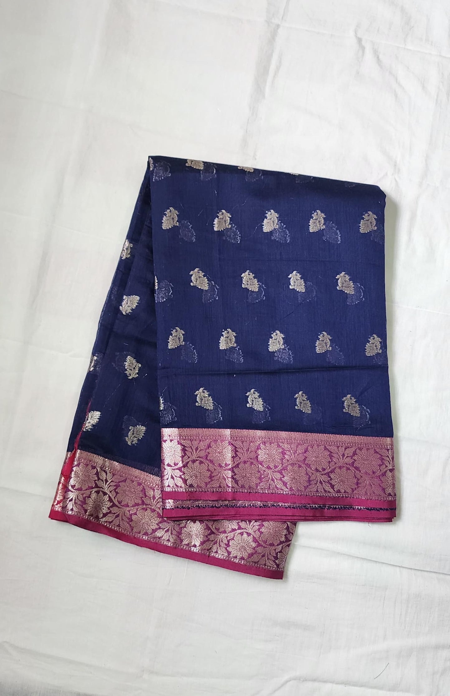 Blue Banaras Cotton-Silk Saree with Zari Border – A Bold Blend of Tradition