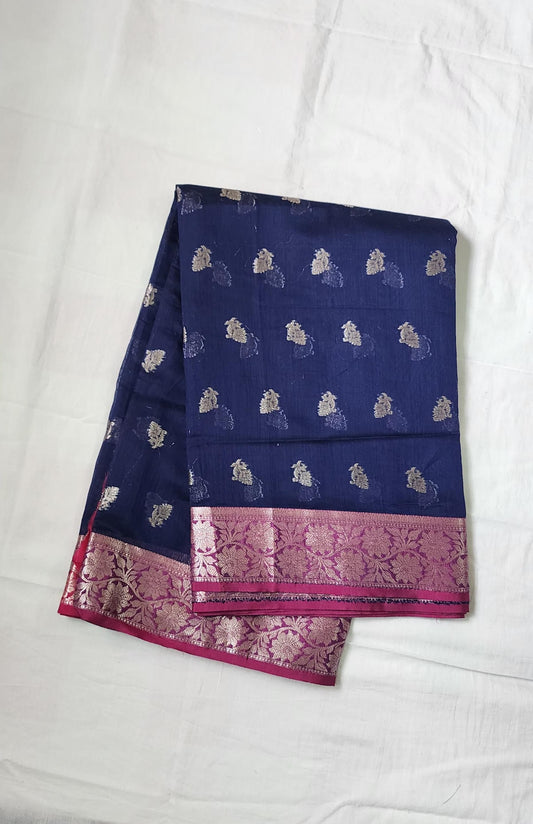Blue Banaras Cotton-Silk Saree with Zari Border – A Bold Blend of Tradition