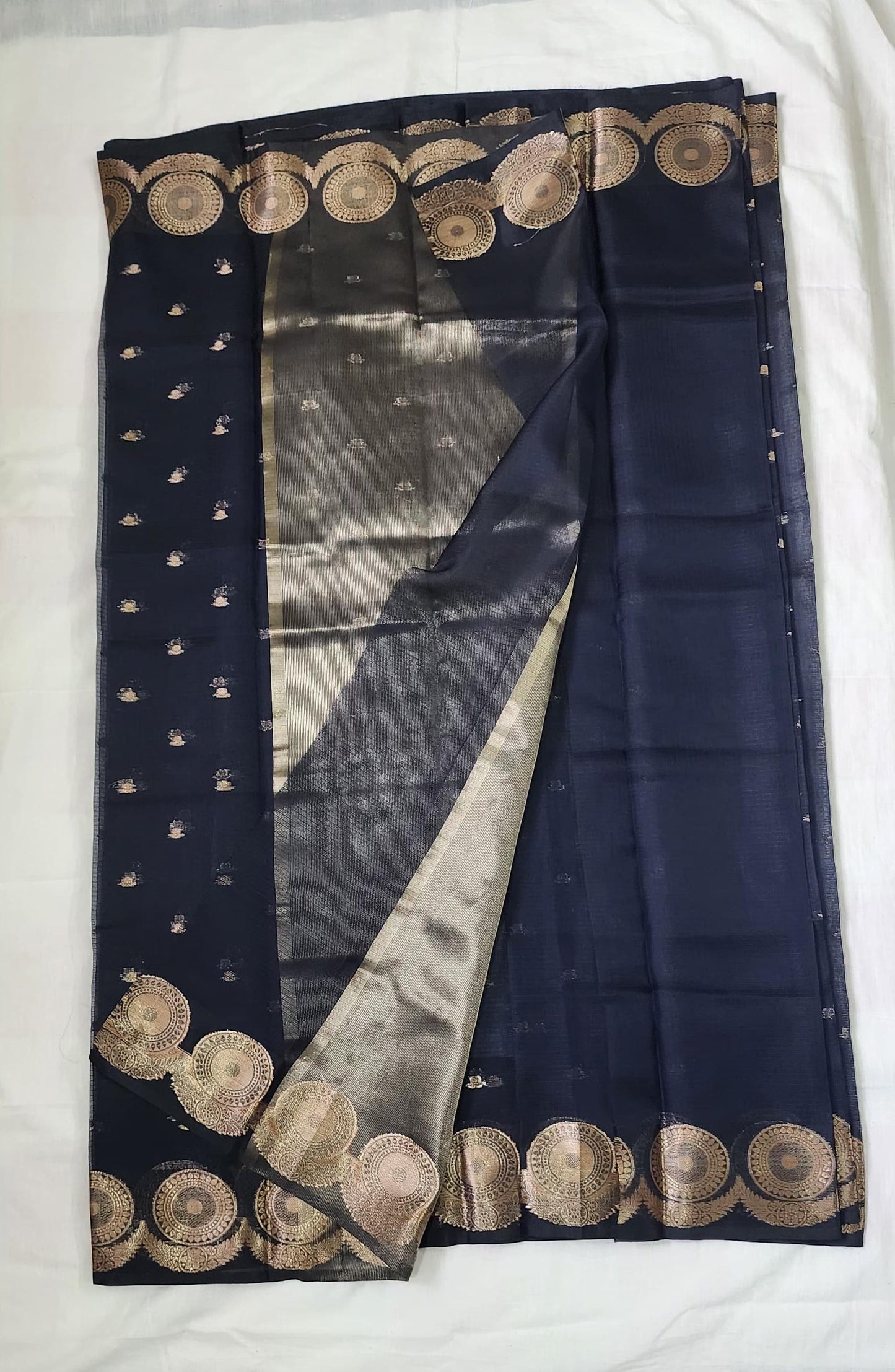 Elegant Navy Blue Banarasi Cotton Silk Saree with Rich Zari Border & Pallu – Festive & Party Wear