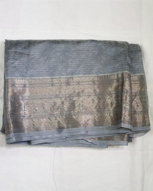 Grey Banaras Jute Tissue Silk Saree with Zari Border – Subtle Glamour for Every Occasion