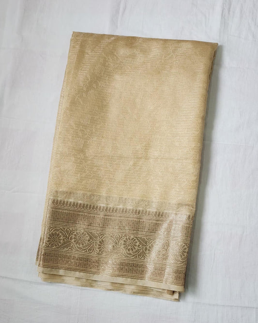 Sandalwood/Beige Banaras Jute Tissue Silk Saree with Zari Border – Subtle Sophistication for Every Occasion
