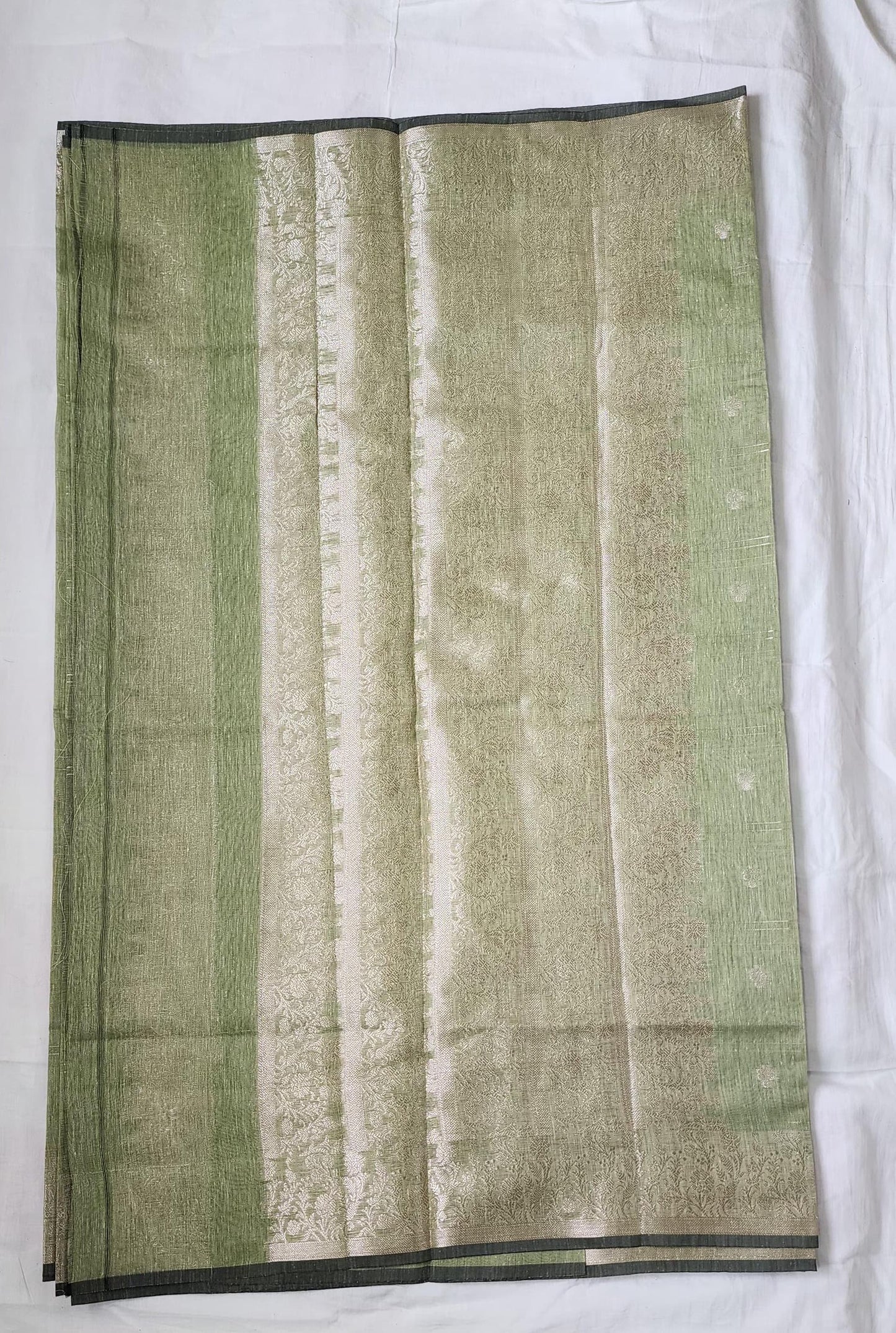 Sea Green Banaras Linen Cotton-Silk Saree with Zari Border – Breezy Grace with a Festive Sparkle