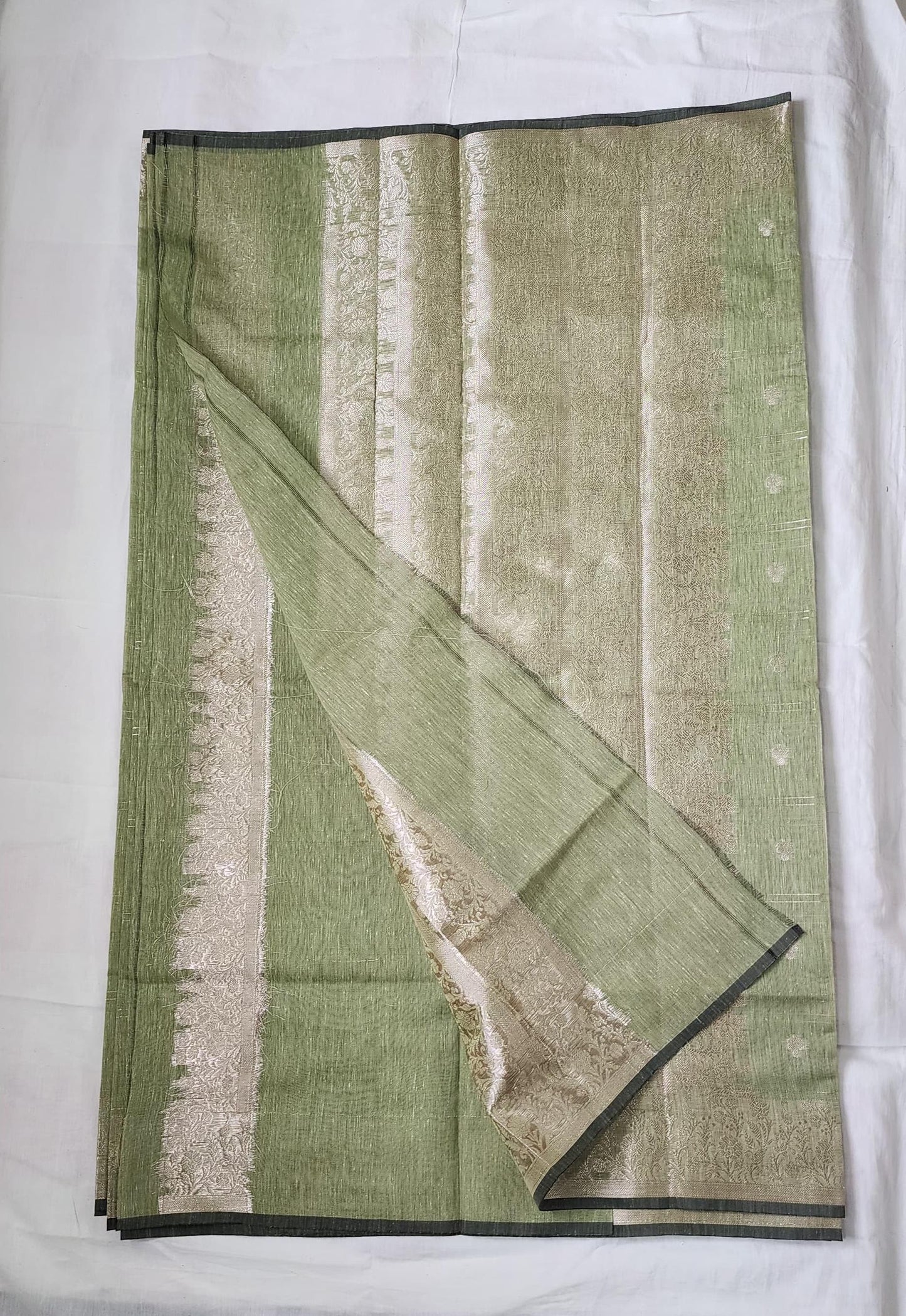 Sea Green Banaras Linen Cotton-Silk Saree with Zari Border – Breezy Grace with a Festive Sparkle