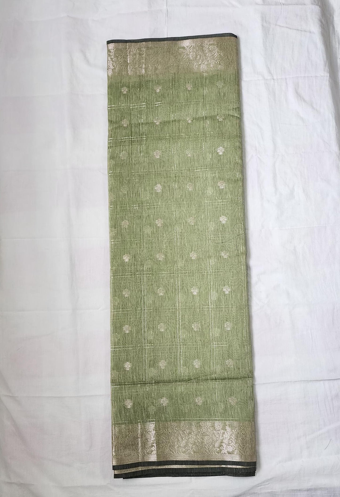 Sea Green Banaras Linen Cotton-Silk Saree with Zari Border – Breezy Grace with a Festive Sparkle