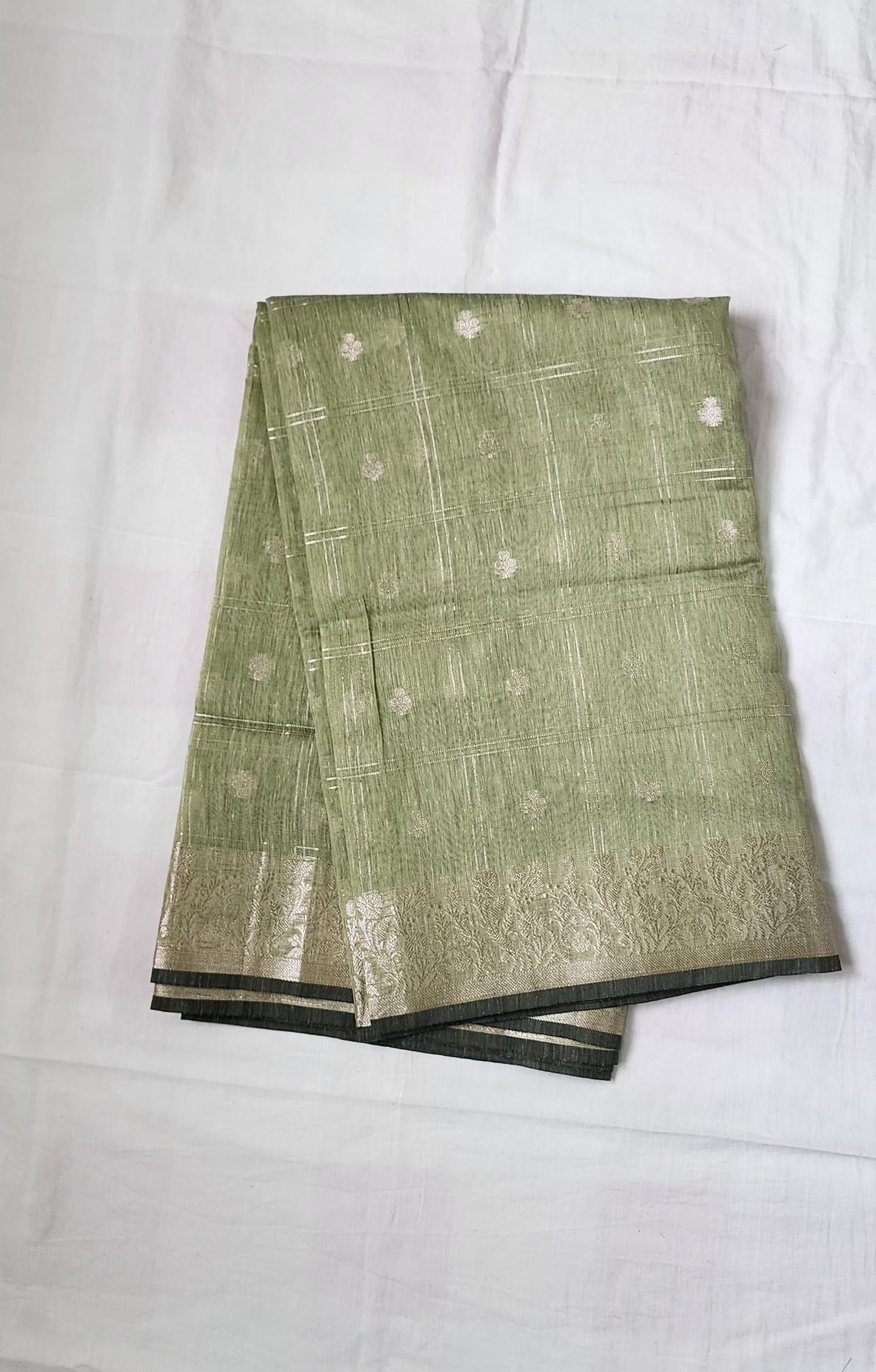 Sea Green Banaras Linen Cotton-Silk Saree with Zari Border – Breezy Grace with a Festive Sparkle