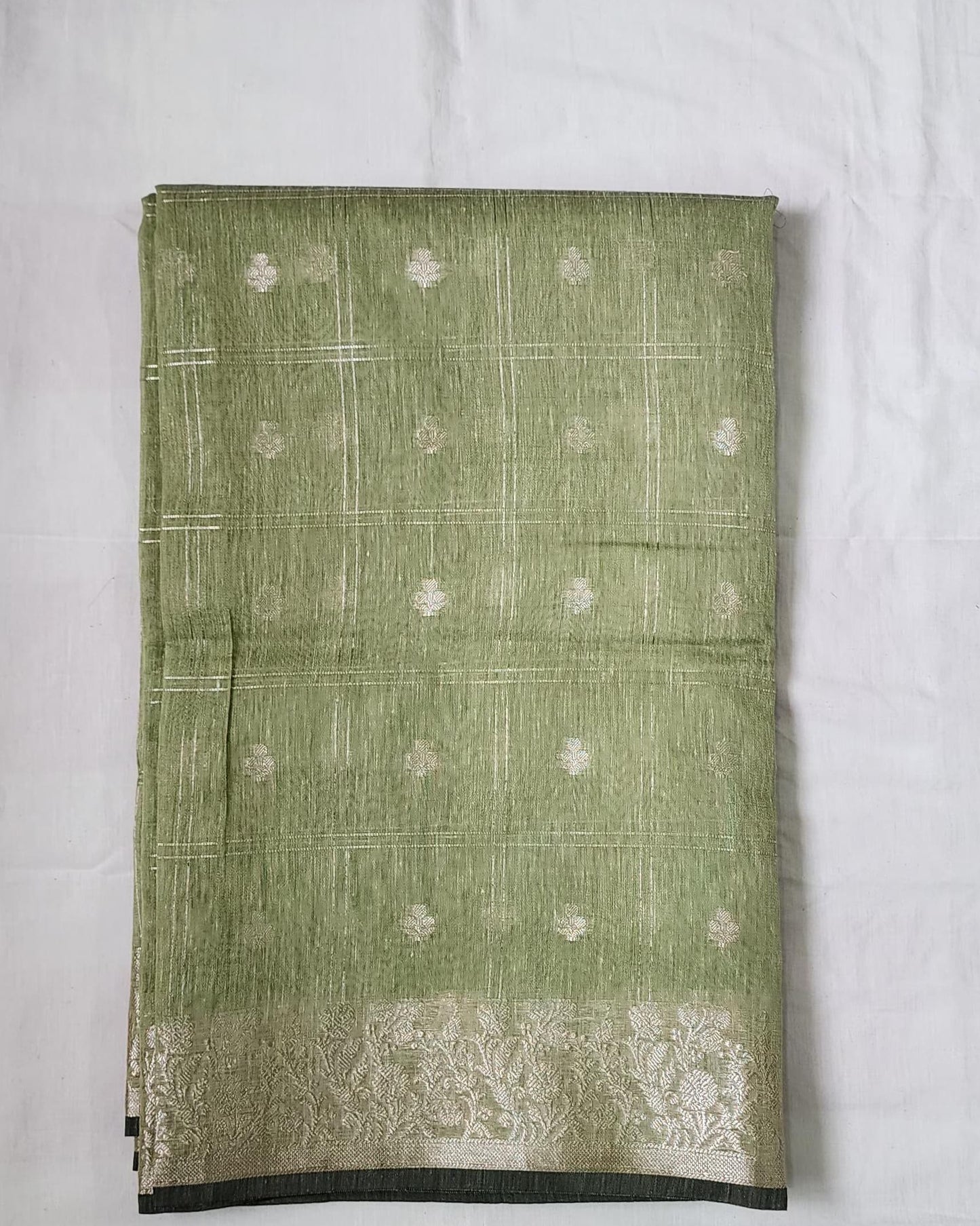 Sea Green Banaras Linen Cotton-Silk Saree with Zari Border – Breezy Grace with a Festive Sparkle