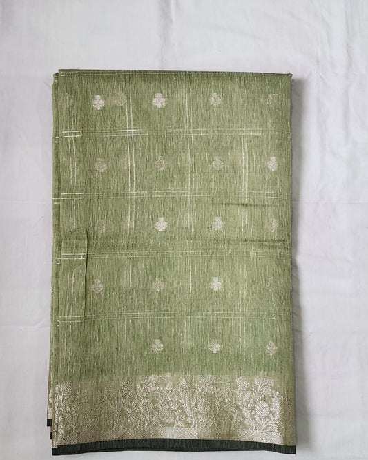 Sea Green Banaras Linen Cotton-Silk Saree with Zari Border – Breezy Grace with a Festive Sparkle