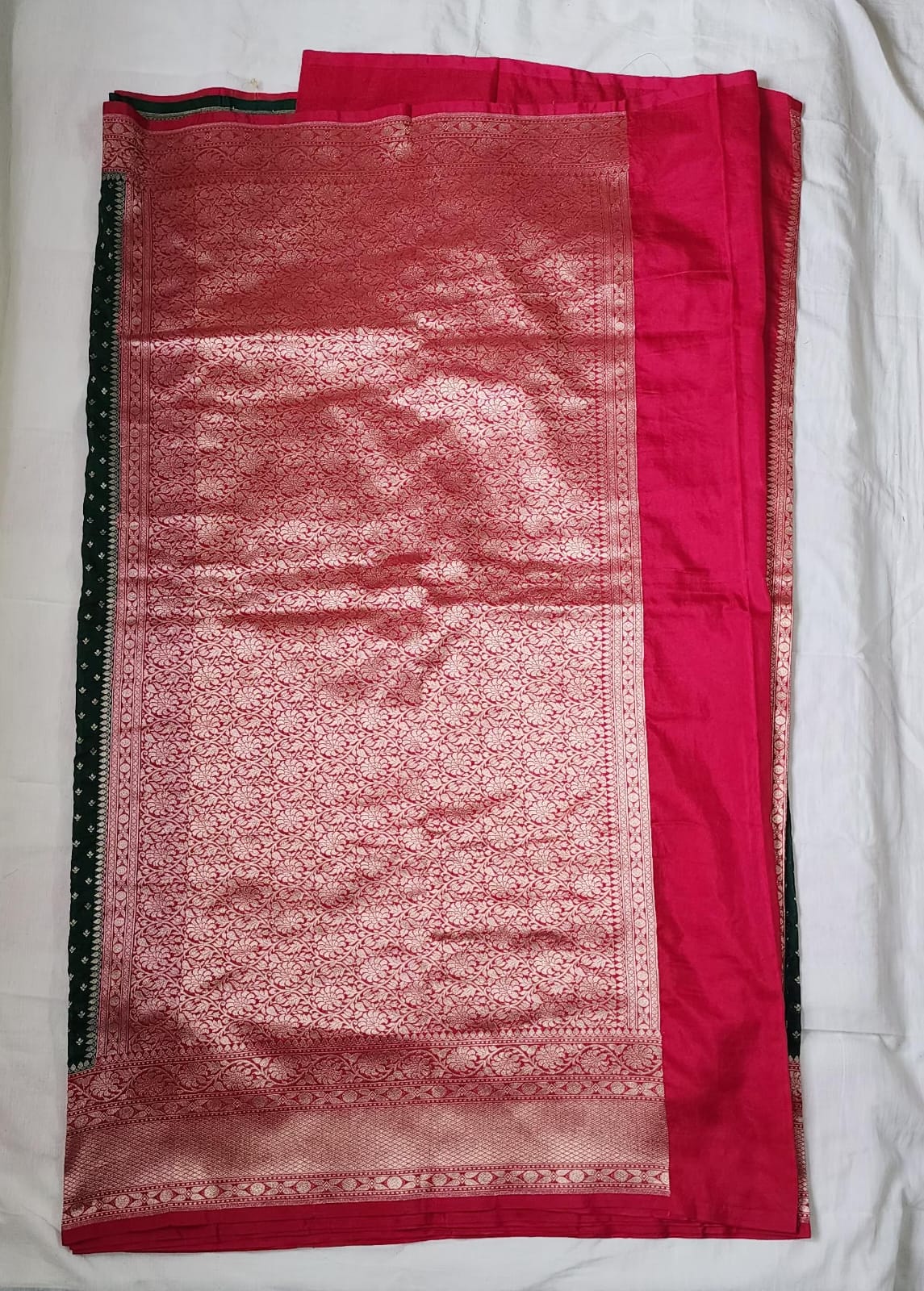 Green Polka Dot Banaras Khadi Georgette Silk Saree with Red Zari Border – Vintage Charm, Festive Grace