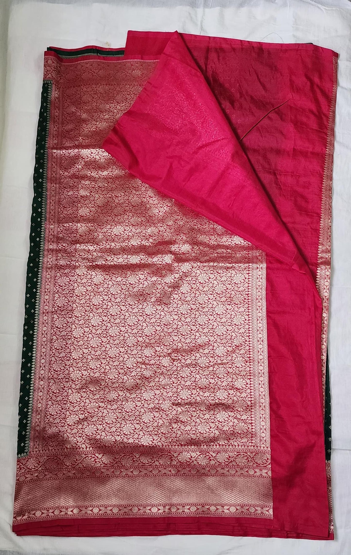 Green Polka Dot Banaras Khadi Georgette Silk Saree with Red Zari Border – Vintage Charm, Festive Grace
