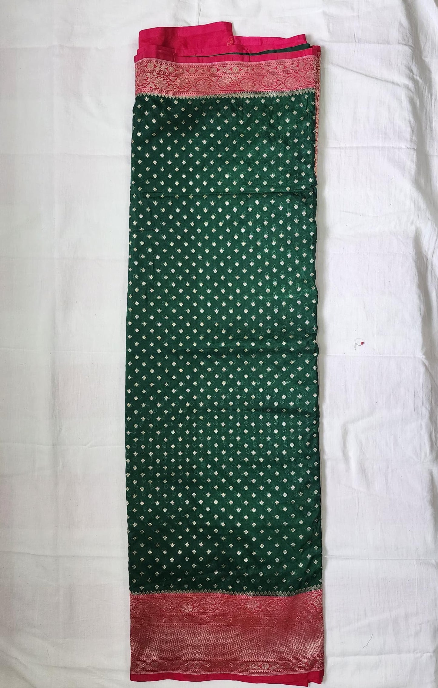 Green Polka Dot Banaras Khadi Georgette Silk Saree with Red Zari Border – Vintage Charm, Festive Grace