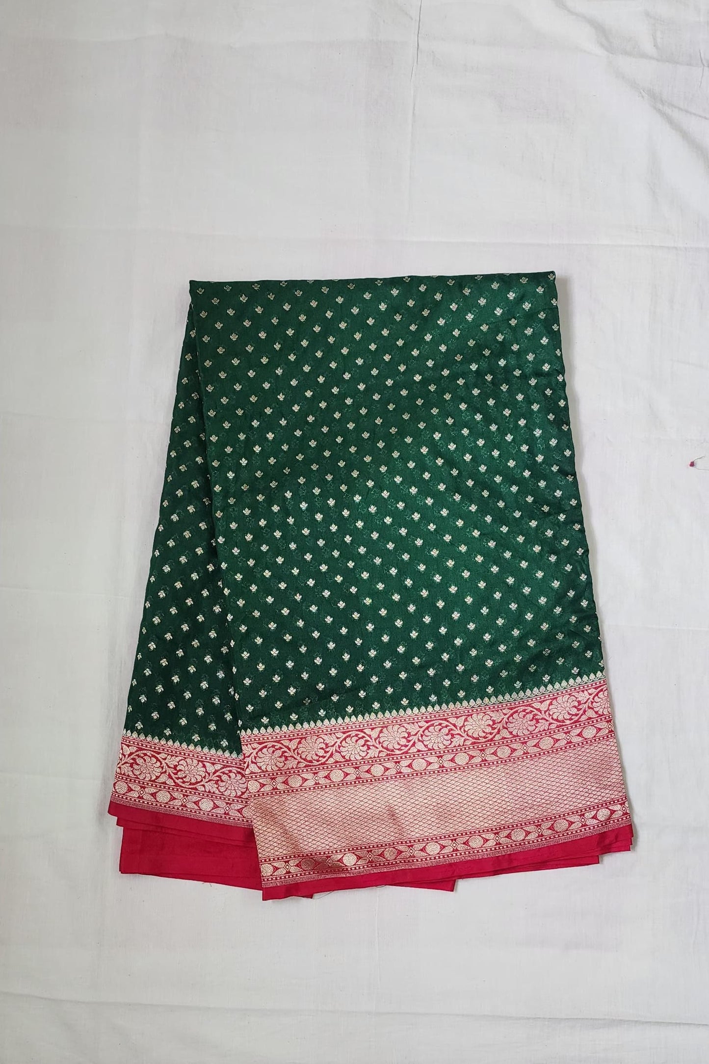 Green Polka Dot Banaras Khadi Georgette Silk Saree with Red Zari Border – Vintage Charm, Festive Grace