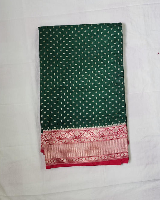 Green Polka Dot Banaras Khadi Georgette Silk Saree with Red Zari Border – Vintage Charm, Festive Grace