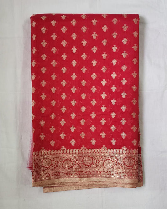 Red Banaras Cotton-Silk Saree with Rich Pallu – Timeless Grace in Every Thread