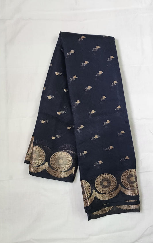 Elegant Navy Blue Banarasi Cotton Silk Saree with Rich Zari Border & Pallu – Festive & Party Wear